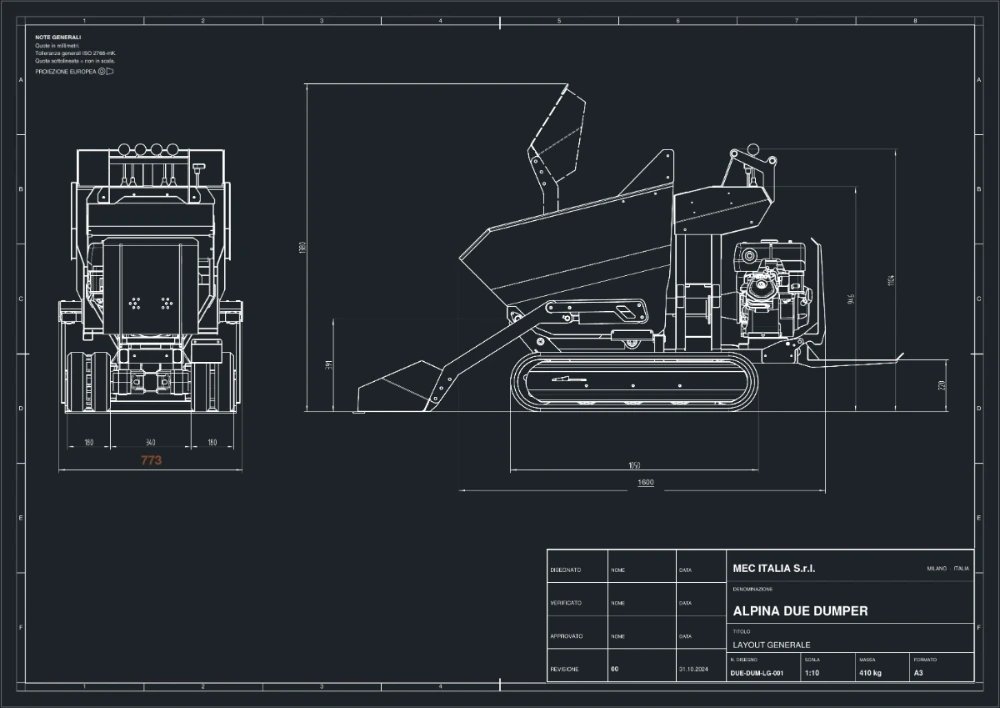 Disegno di costruzione quotato Alpina DUE dumper, larghezza 773 mm